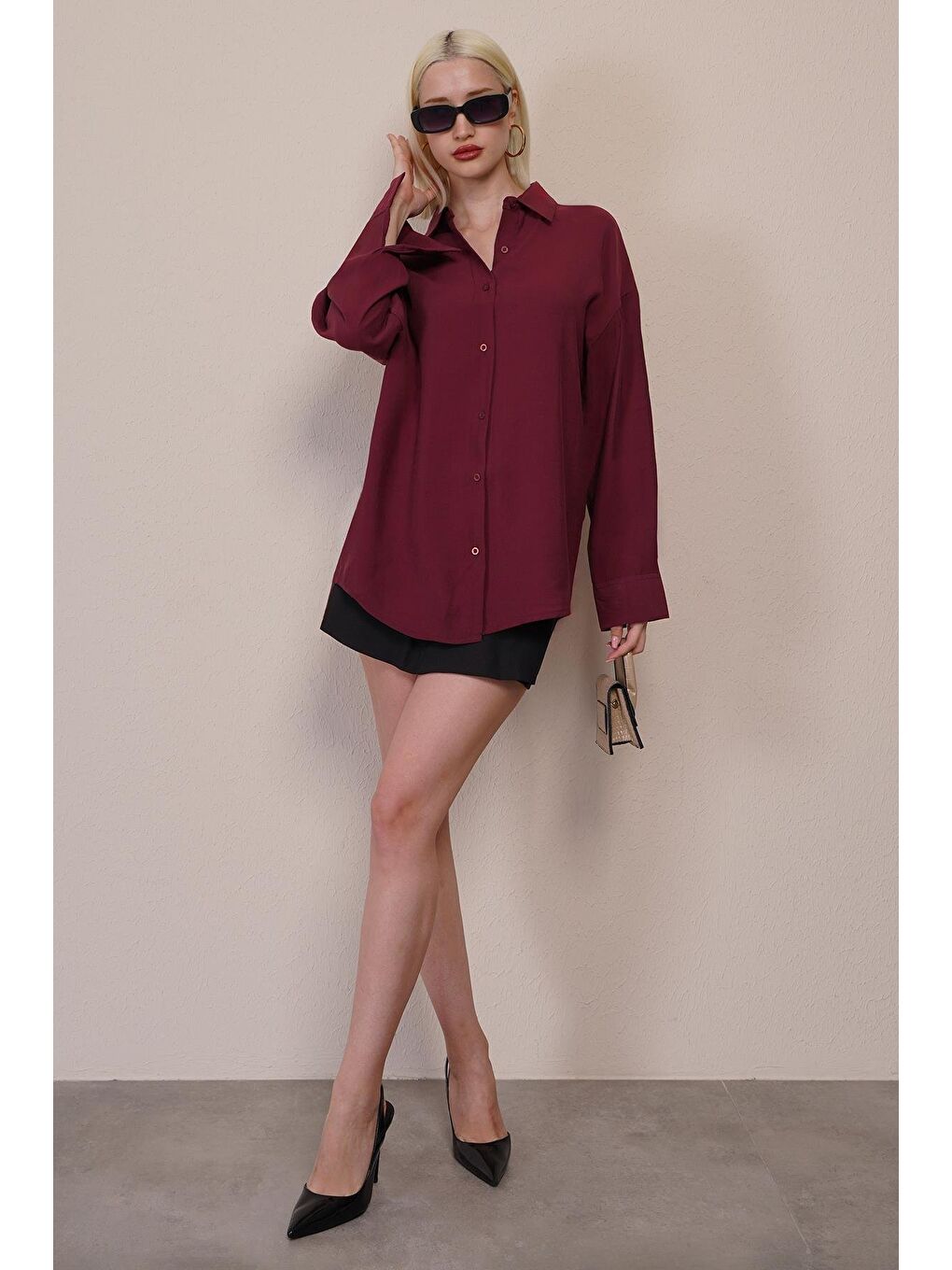 Bordo Uzun Kollu Oversize Gömlek Mg2003-10