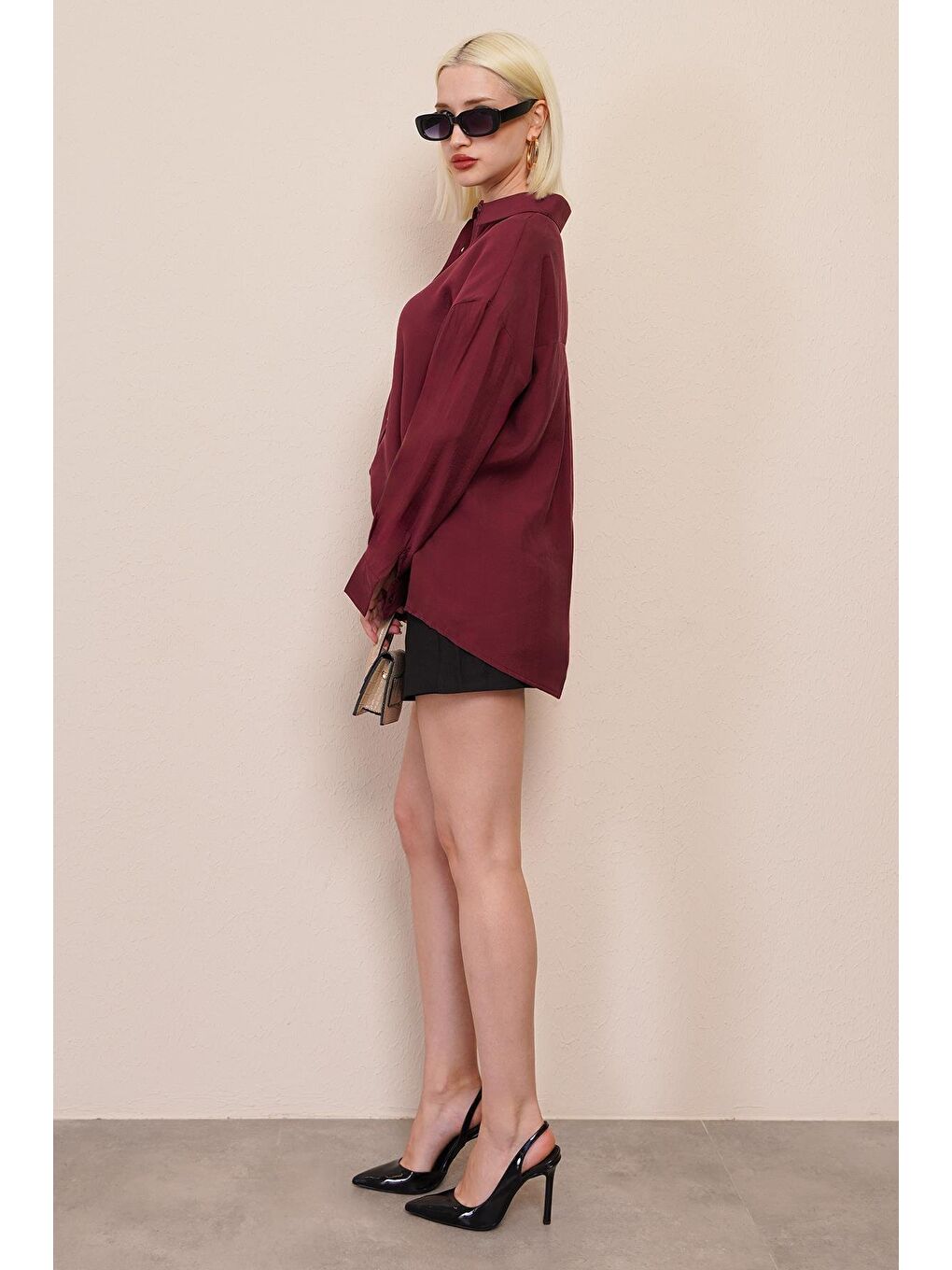Bordo Uzun Kollu Oversize Gömlek Mg2003-11