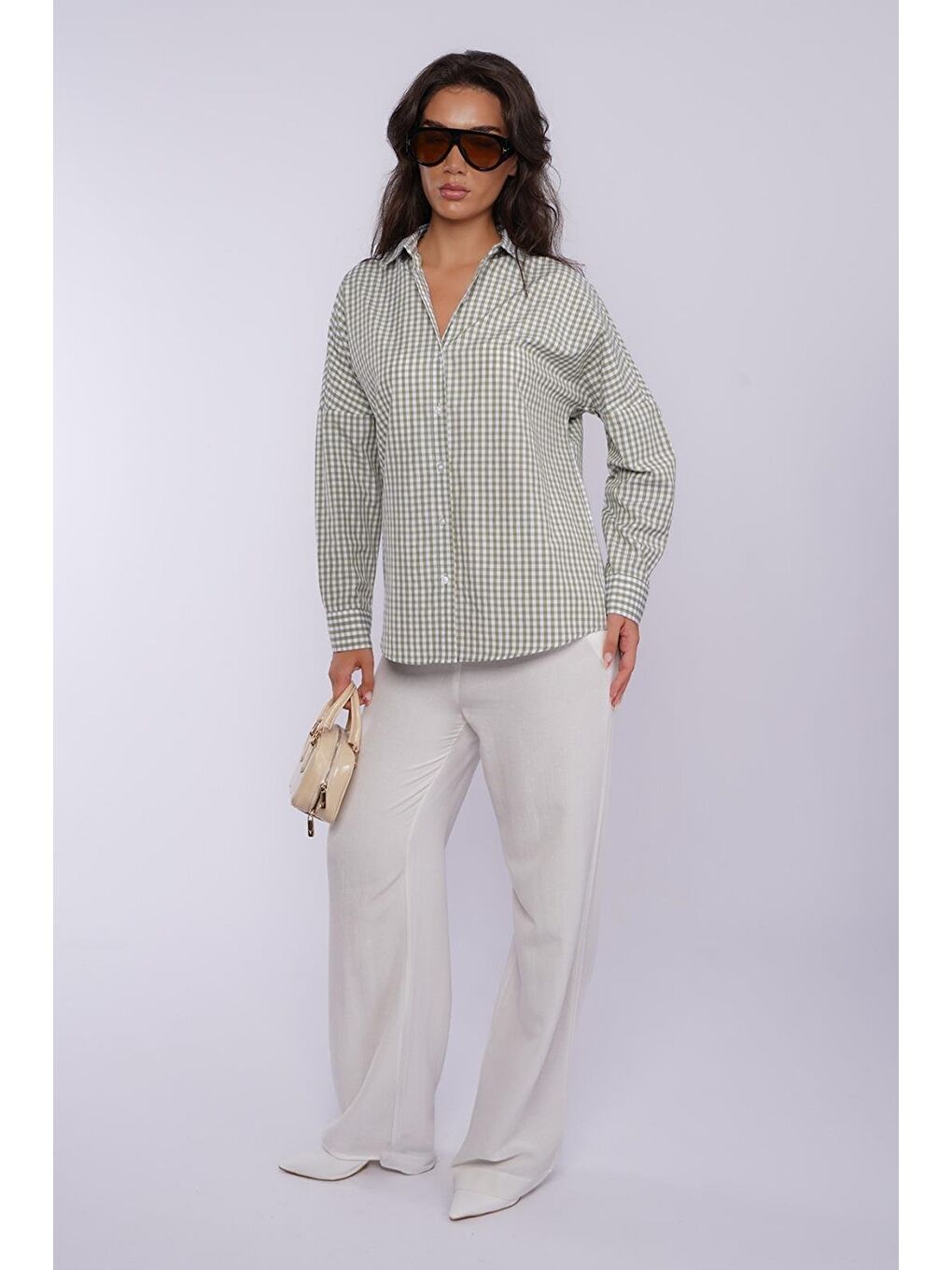 Haki Pötikareli Uzun Kollu Kadın Gömlek Mg2386-3