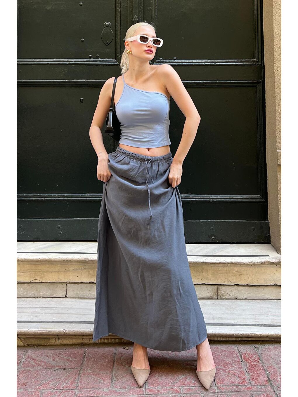 Gri Füme Beli Lastikli Uzun Kadın Etek Mg1979