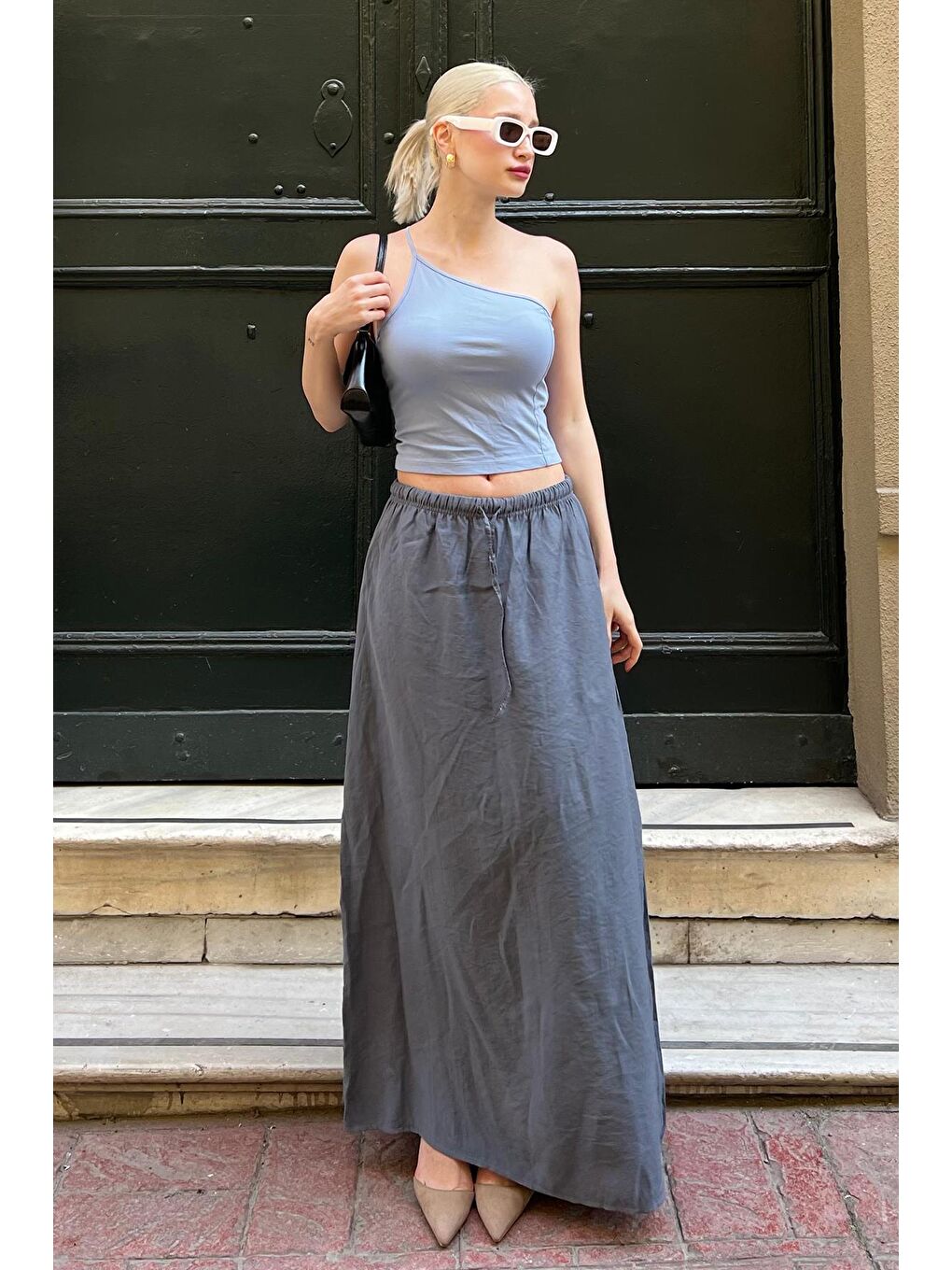 Gri Füme Beli Lastikli Uzun Kadın Etek Mg1979-1