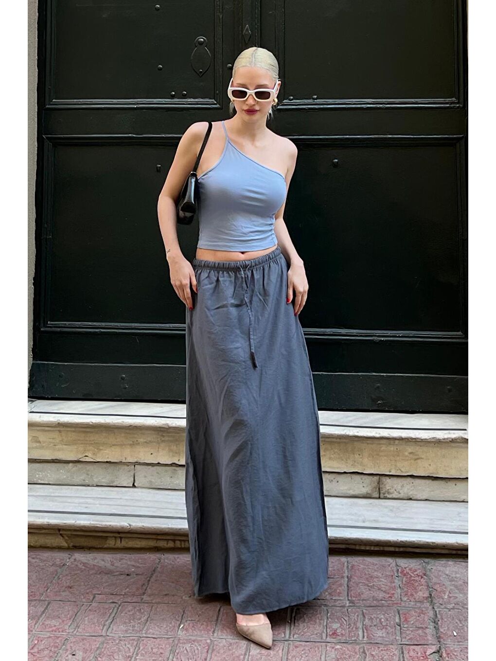 Gri Füme Beli Lastikli Uzun Kadın Etek Mg1979-2