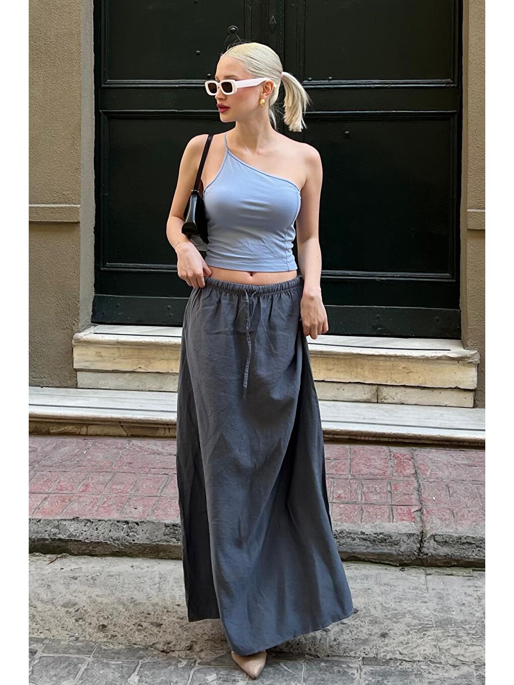 Gri Füme Beli Lastikli Uzun Kadın Etek Mg1979-5