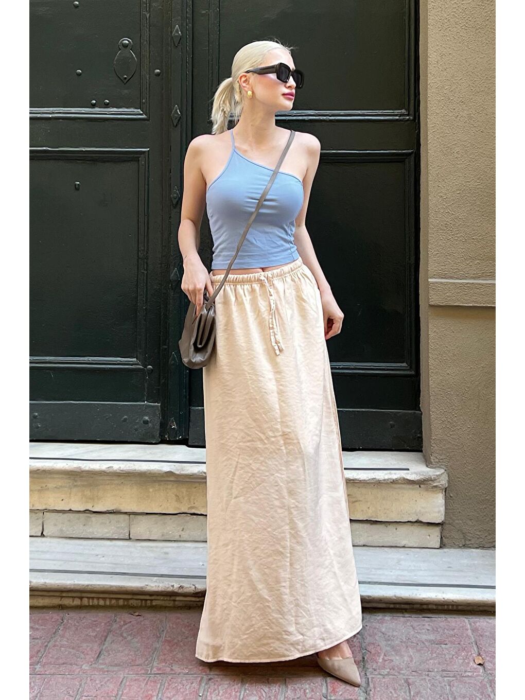 Bej Beli Lastikli Uzun Kadın Etek Mg1979-1