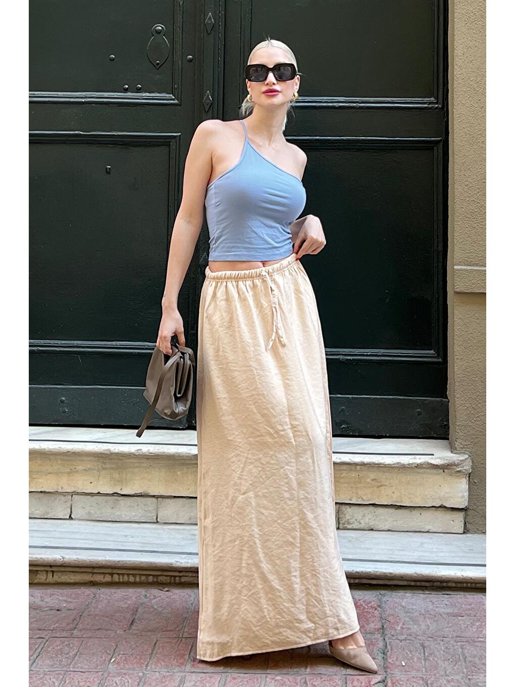 Bej Beli Lastikli Uzun Kadın Etek Mg1979-3