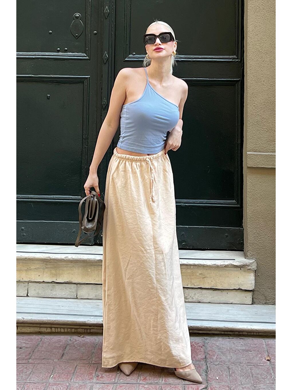 Bej Beli Lastikli Uzun Kadın Etek Mg1979-4