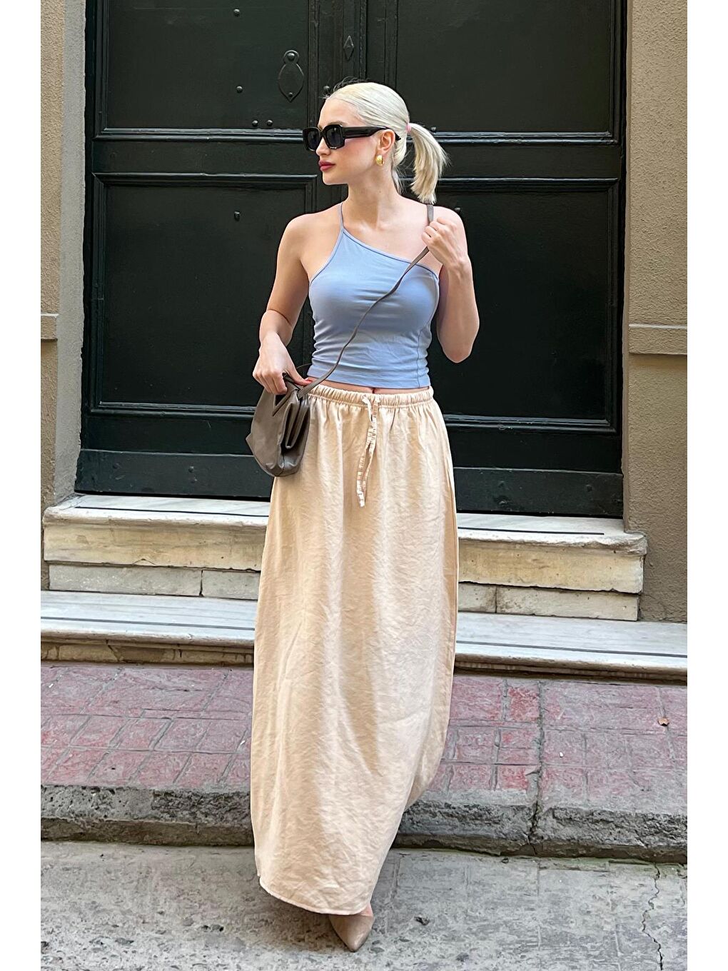 Bej Beli Lastikli Uzun Kadın Etek Mg1979-5