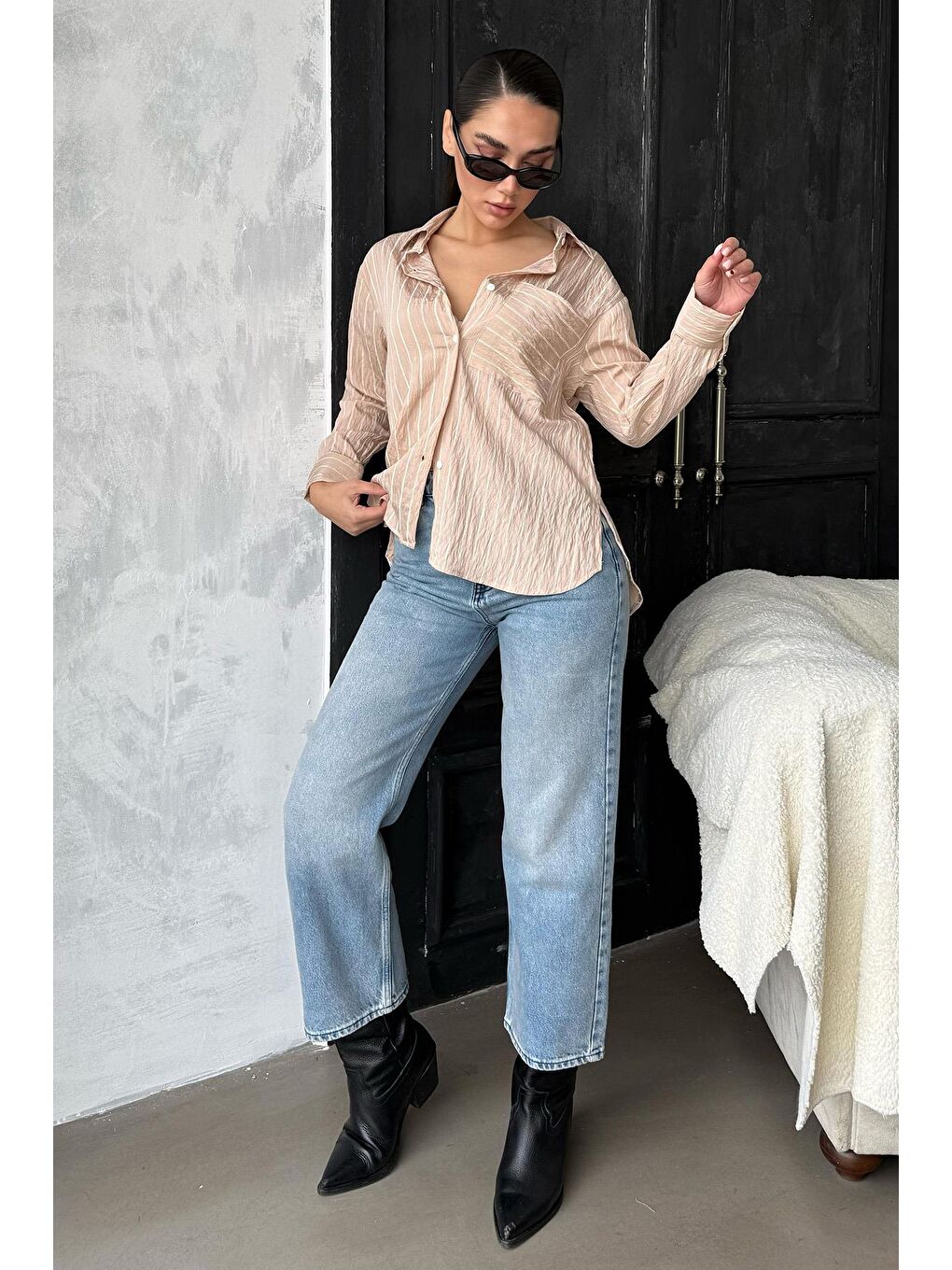 Bej Çizgili Cepli Kadın Gömlek Mg2345