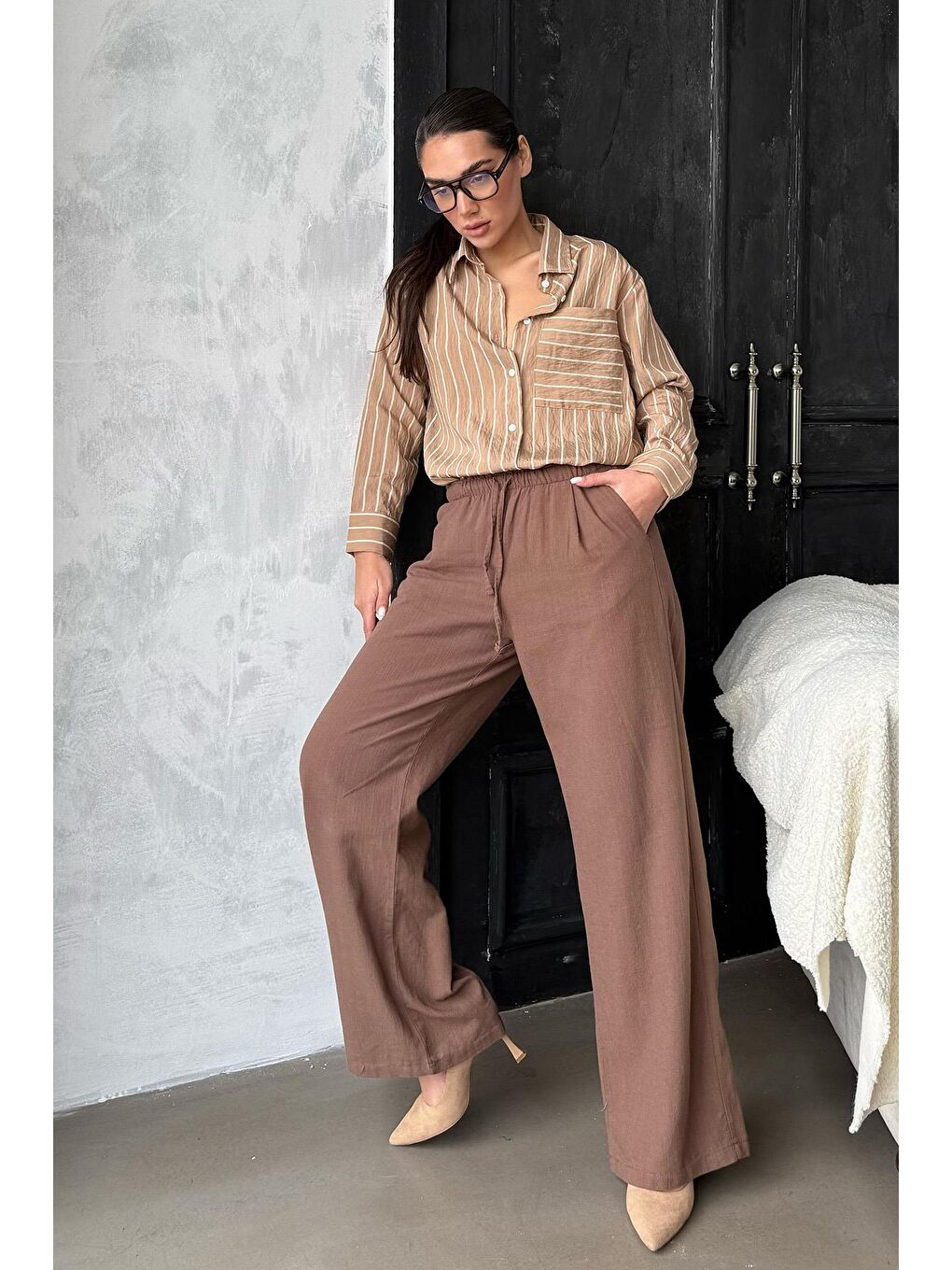 Kahverengi Camel Çizgili Cepli Kadın Gömlek Mg2345