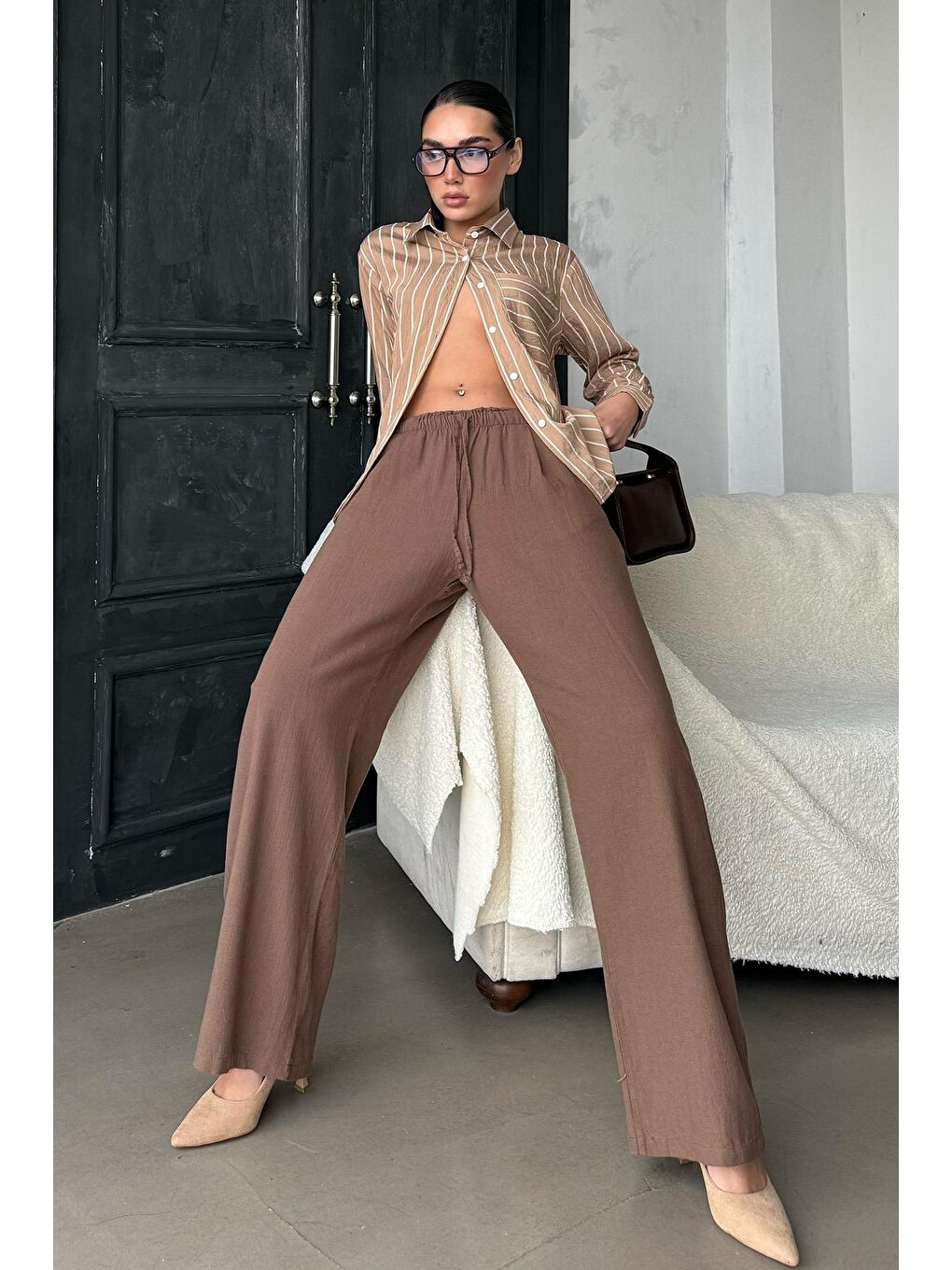 Kahverengi Camel Çizgili Cepli Kadın Gömlek Mg2345-2