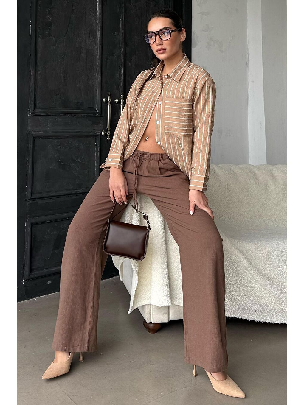 Kahverengi Camel Çizgili Cepli Kadın Gömlek Mg2345-3