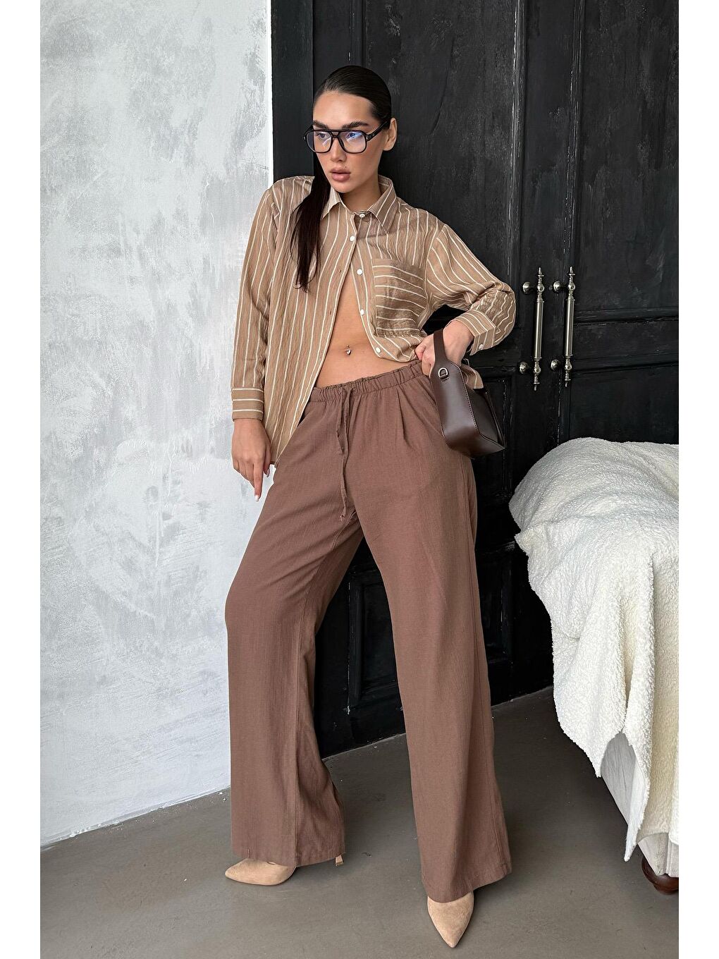 Kahverengi Camel Çizgili Cepli Kadın Gömlek Mg2345-4