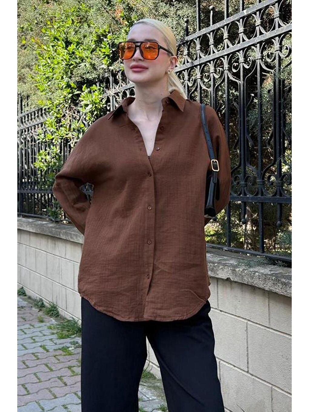 Kahverengi Muslin Kumaş Basic Kadın Gömlek Mg1660-1