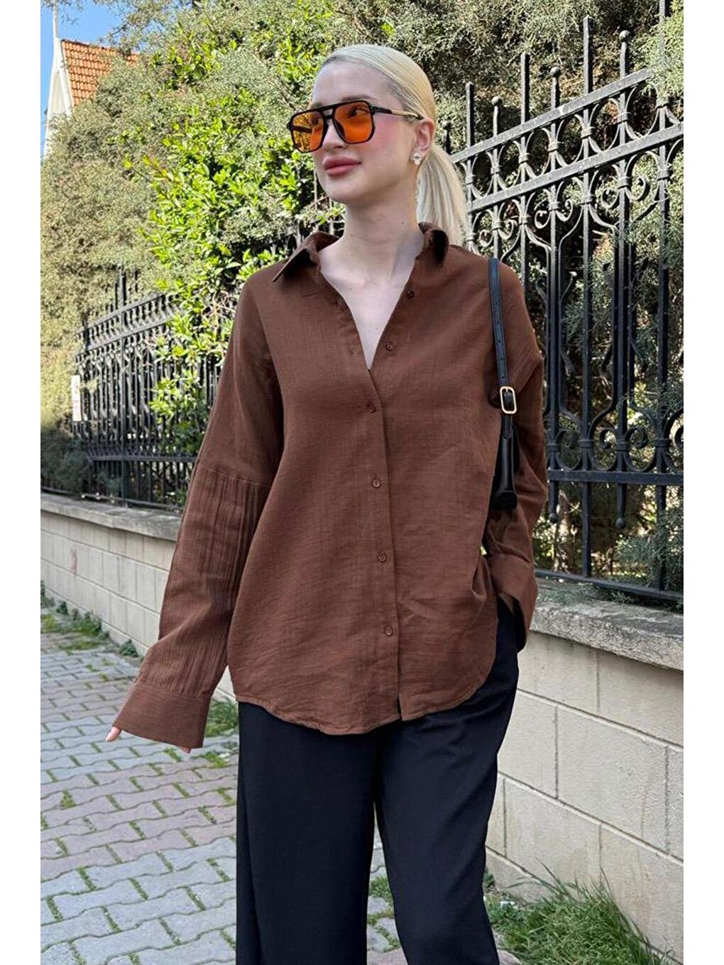 Kahverengi Muslin Kumaş Basic Kadın Gömlek Mg1660-2