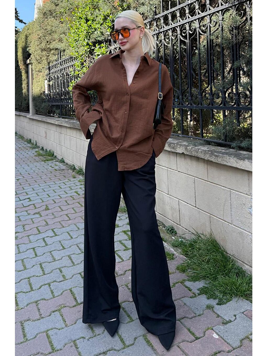 Kahverengi Muslin Kumaş Basic Kadın Gömlek Mg1660-3