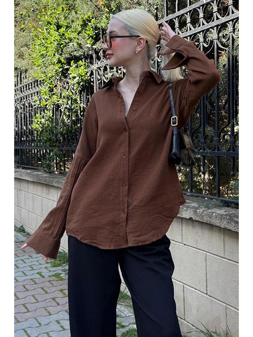Kahverengi Muslin Kumaş Basic Kadın Gömlek Mg1660-4