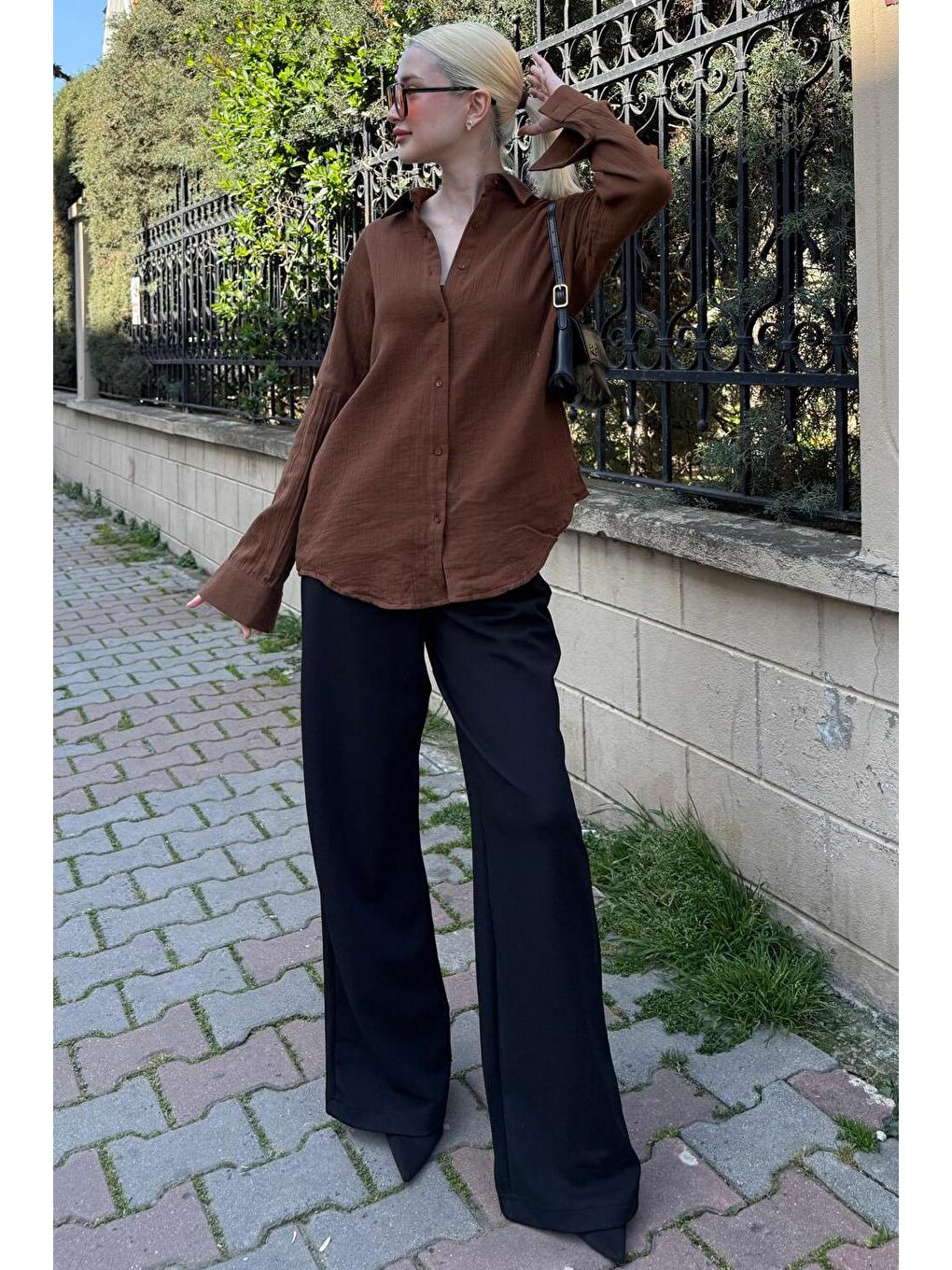 Kahverengi Muslin Kumaş Basic Kadın Gömlek Mg1660-6