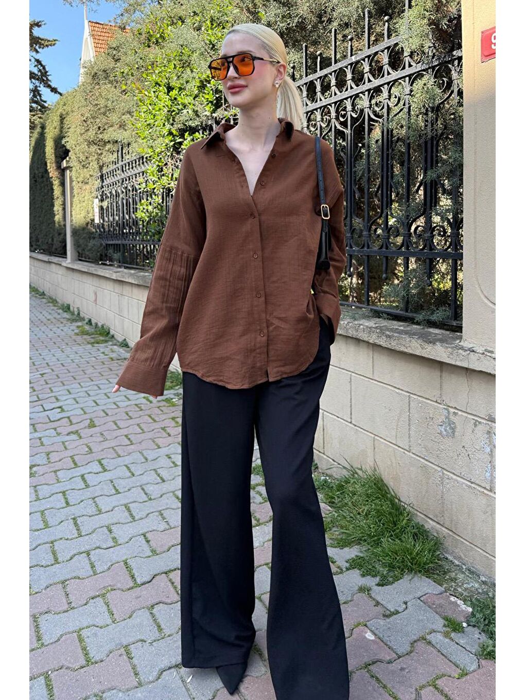 Kahverengi Muslin Kumaş Basic Kadın Gömlek Mg1660-7