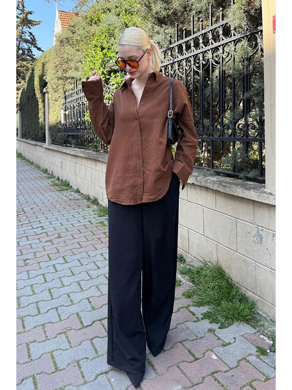 Kahverengi Muslin Kumaş Basic Kadın Gömlek Mg1660-8