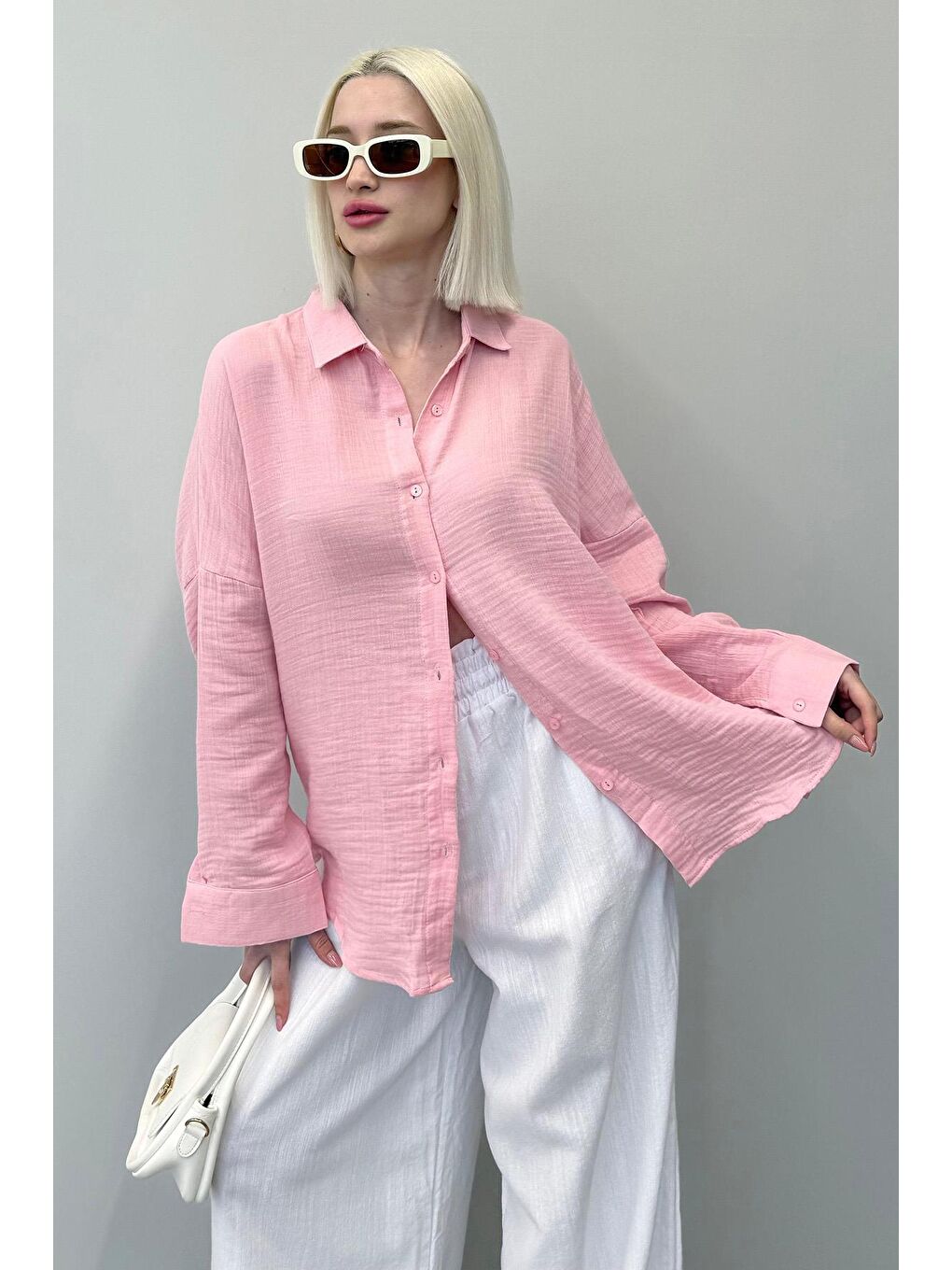 Pembe Muslin Kumaş Basic Kadın Gömlek Mg1660-2