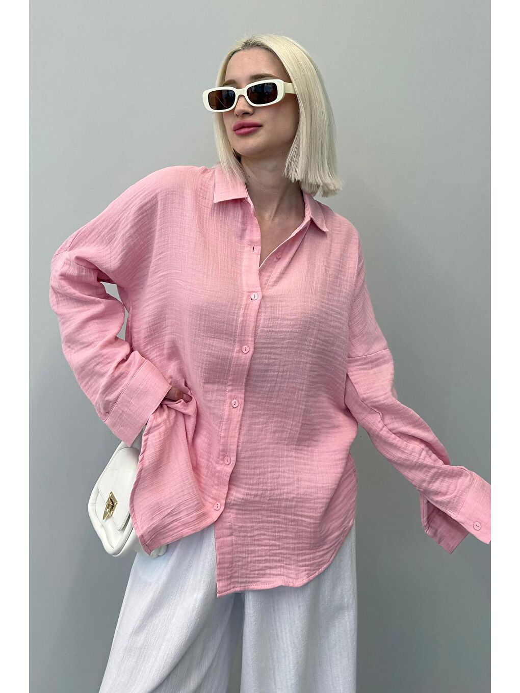 Pembe Muslin Kumaş Basic Kadın Gömlek Mg1660-3