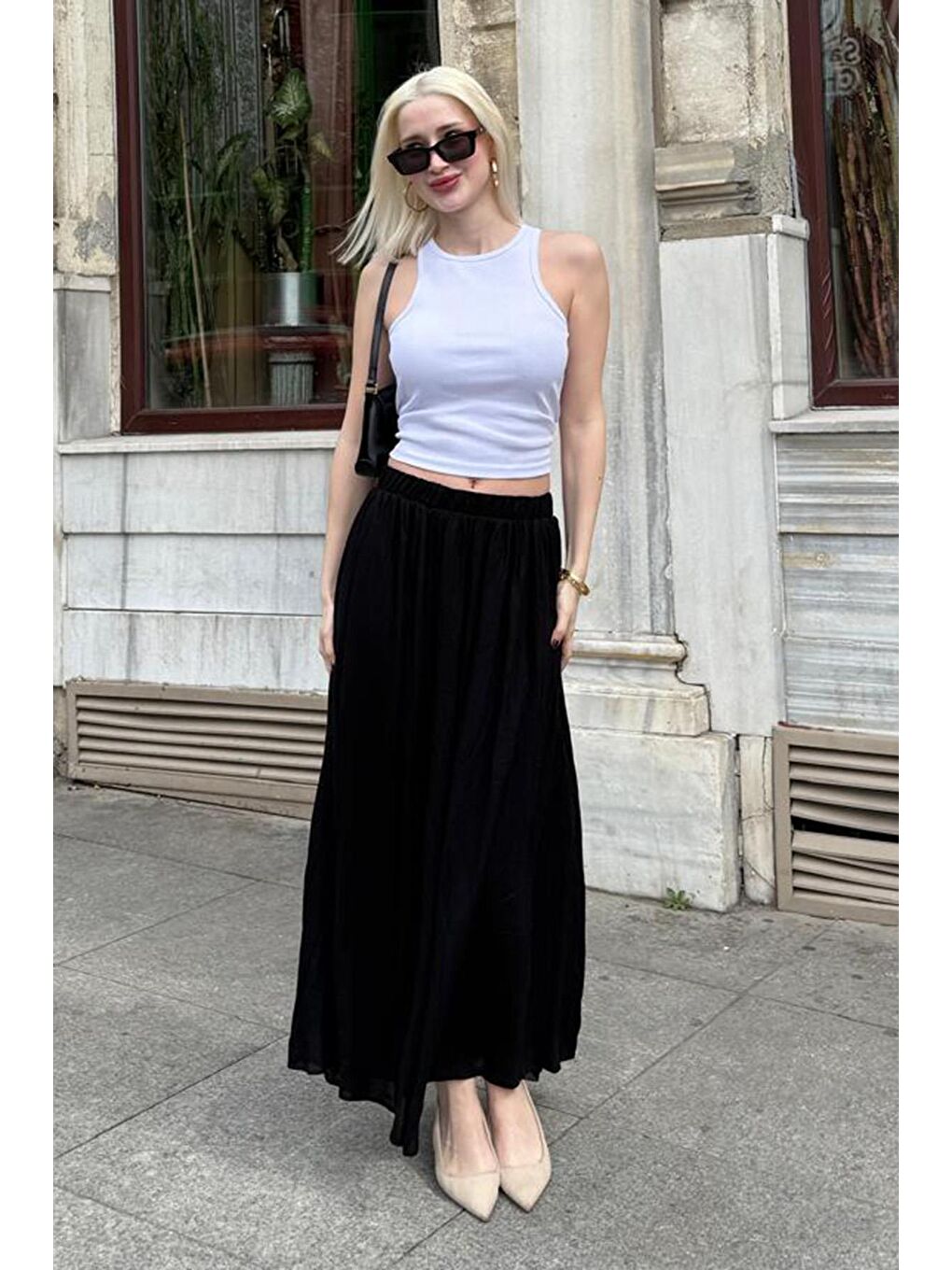 Siyah Vual Kumaş Basic Kadın Uzun Boy Kadın Etek Mg2366