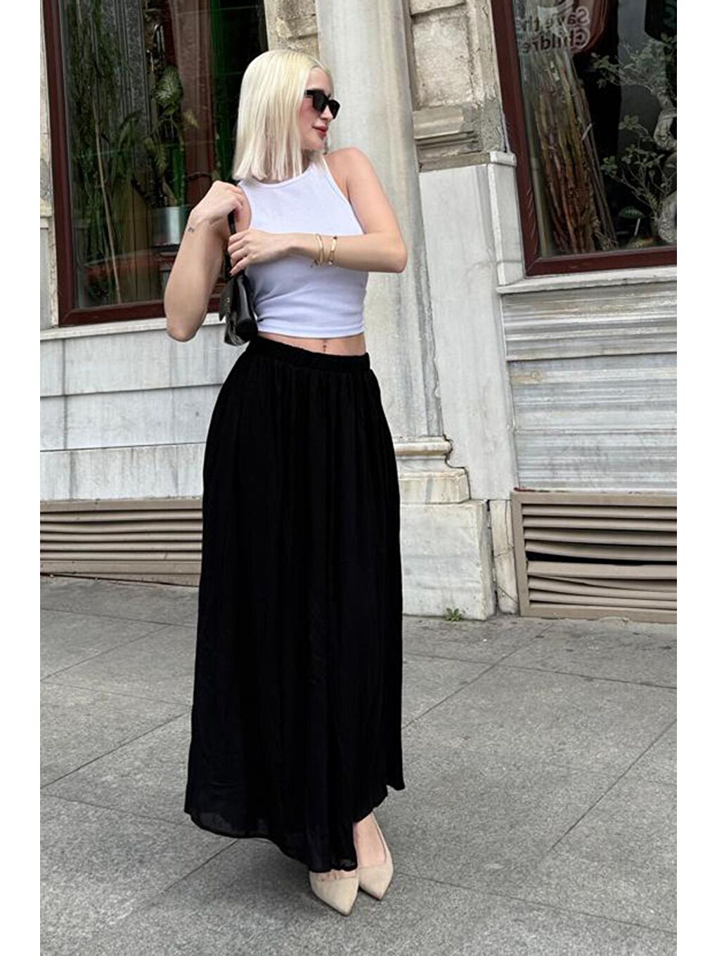 Siyah Vual Kumaş Basic Kadın Uzun Boy Kadın Etek Mg2366-1