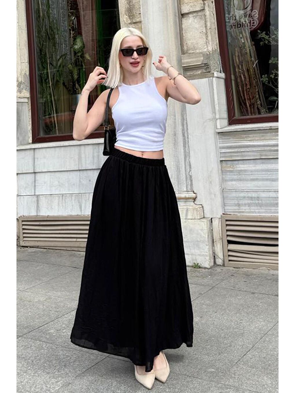Siyah Vual Kumaş Basic Kadın Uzun Boy Kadın Etek Mg2366-2