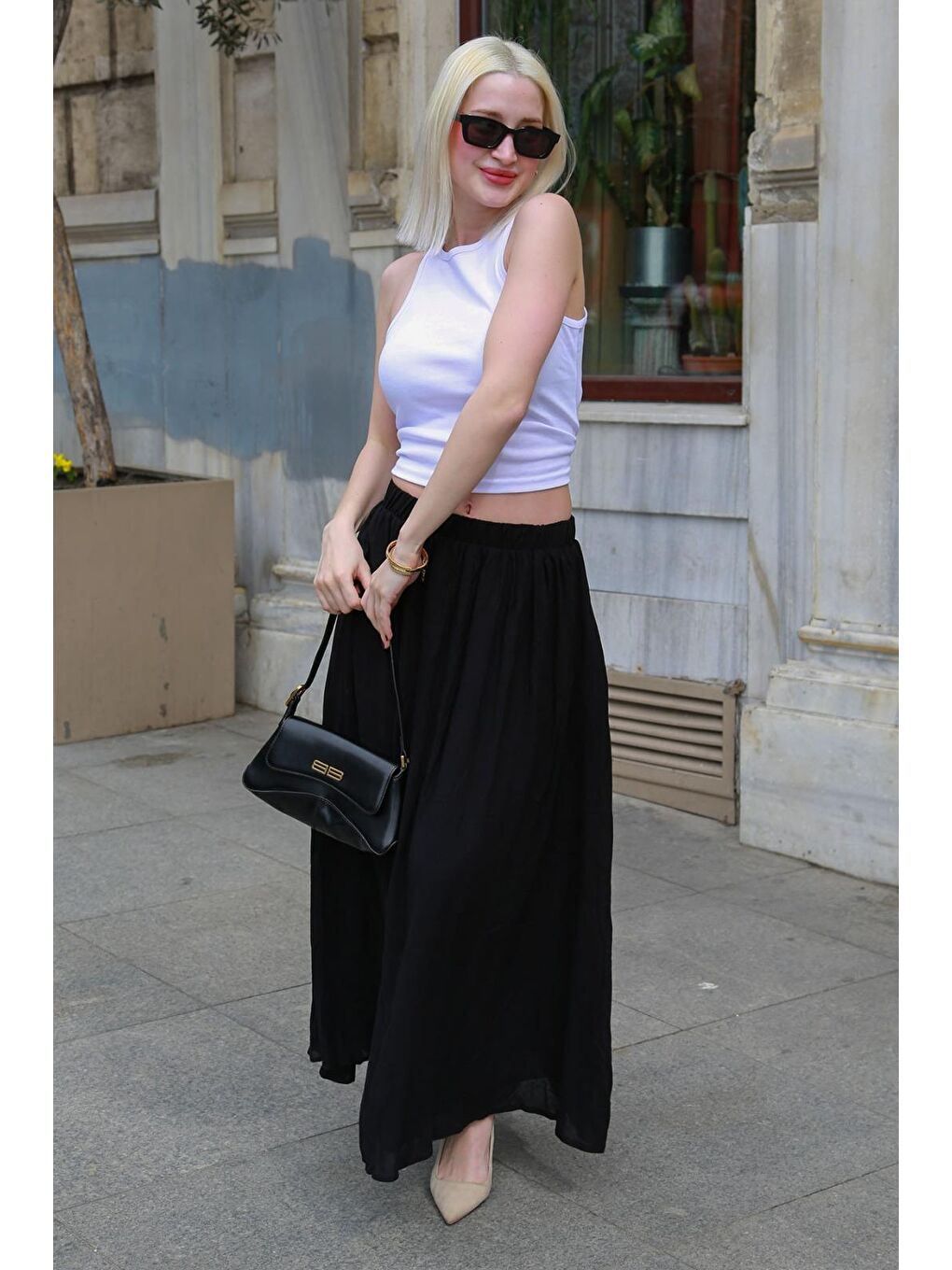 Siyah Vual Kumaş Basic Kadın Uzun Boy Kadın Etek Mg2366-3