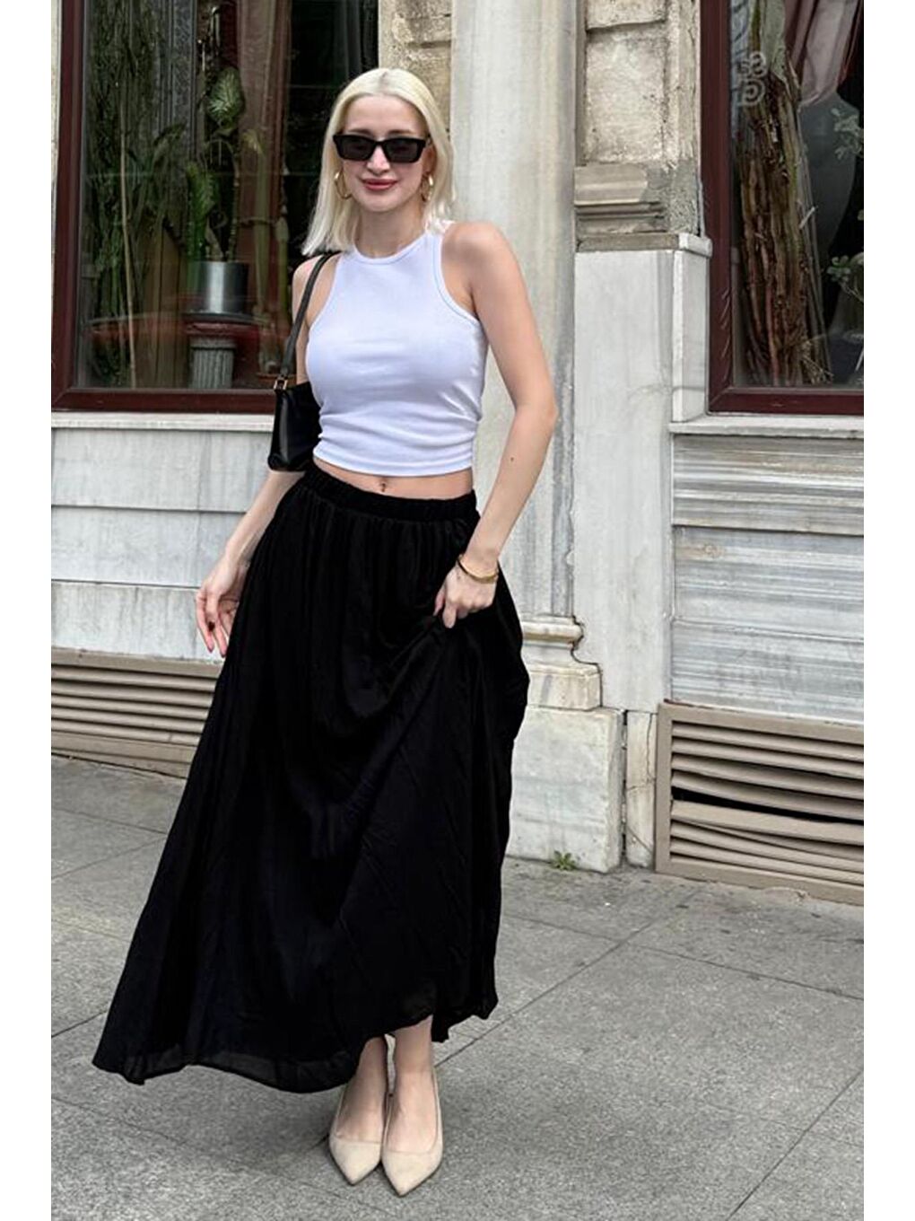 Siyah Vual Kumaş Basic Kadın Uzun Boy Kadın Etek Mg2366-4