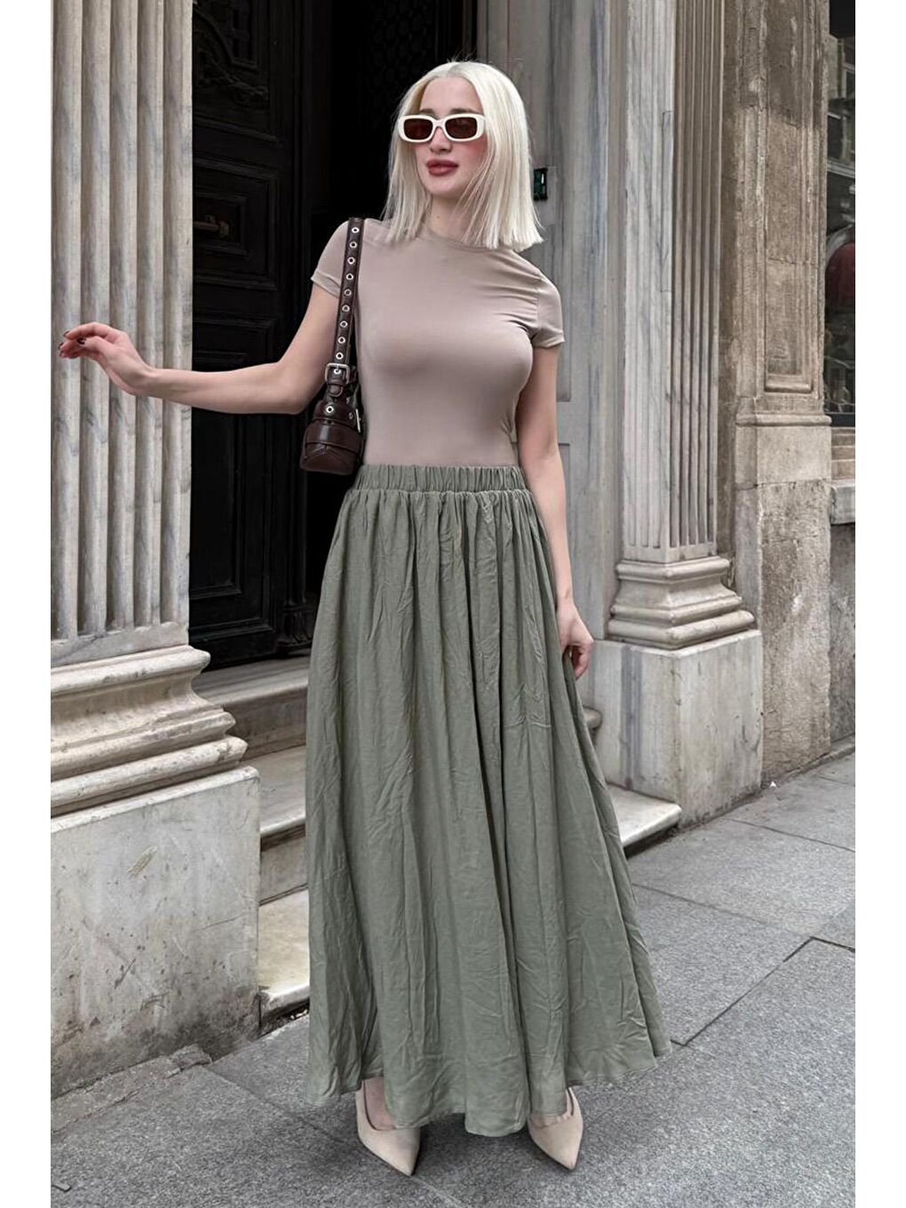 Yeşil Vual Kumaş Basic Kadın Uzun Boy Kadın Etek Mg2366