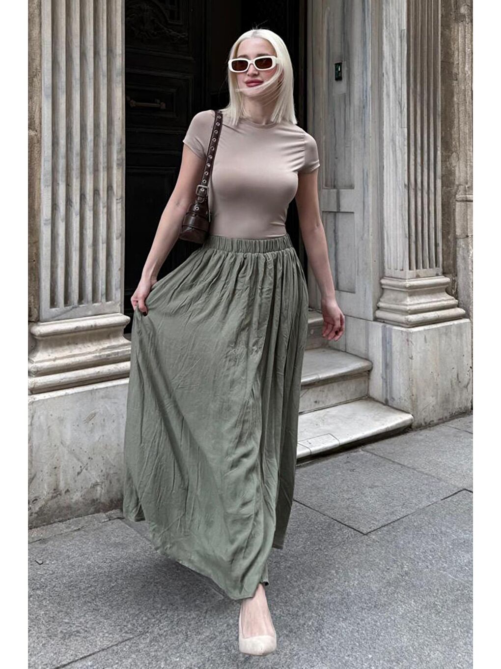 Yeşil Vual Kumaş Basic Kadın Uzun Boy Kadın Etek Mg2366-1