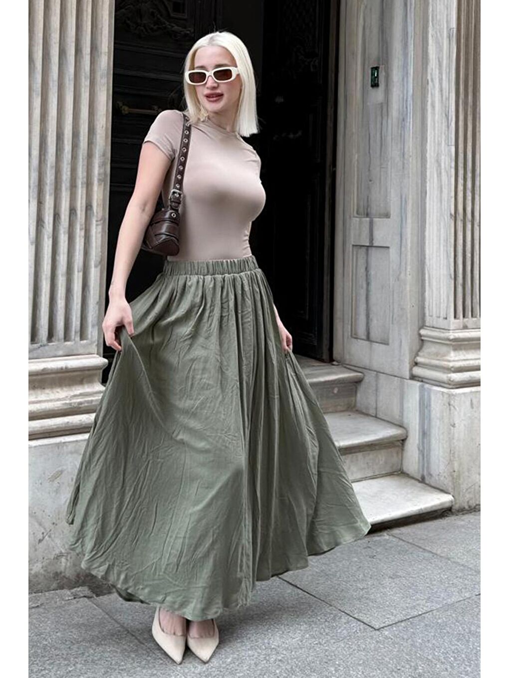 Yeşil Vual Kumaş Basic Kadın Uzun Boy Kadın Etek Mg2366-2