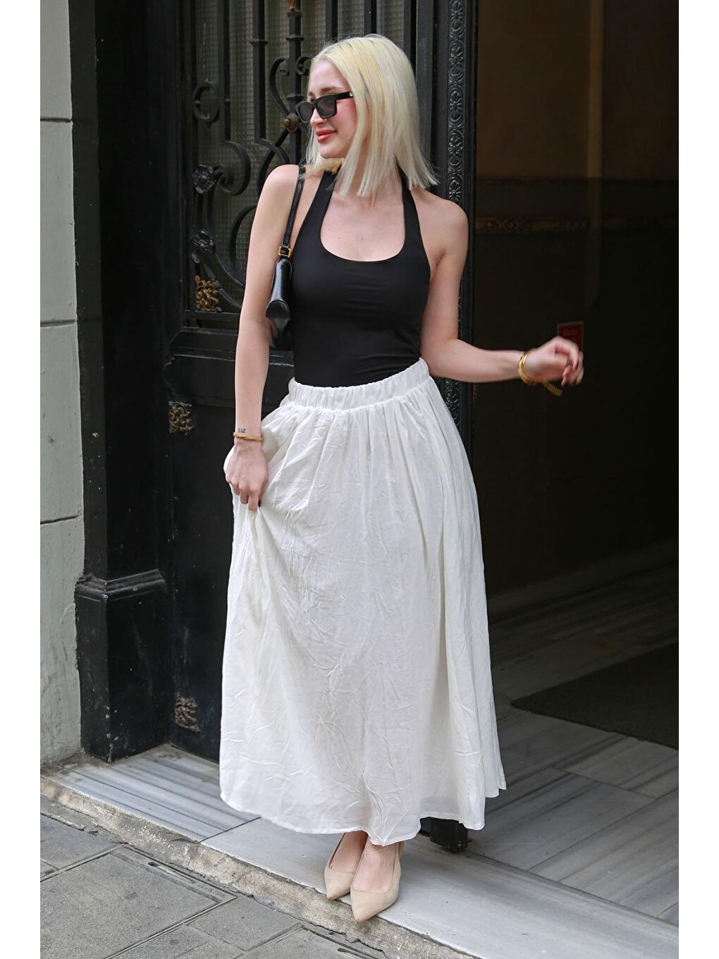 Beyaz Vual Kumaş Basic Kadın Uzun Boy Kadın Etek Mg2366