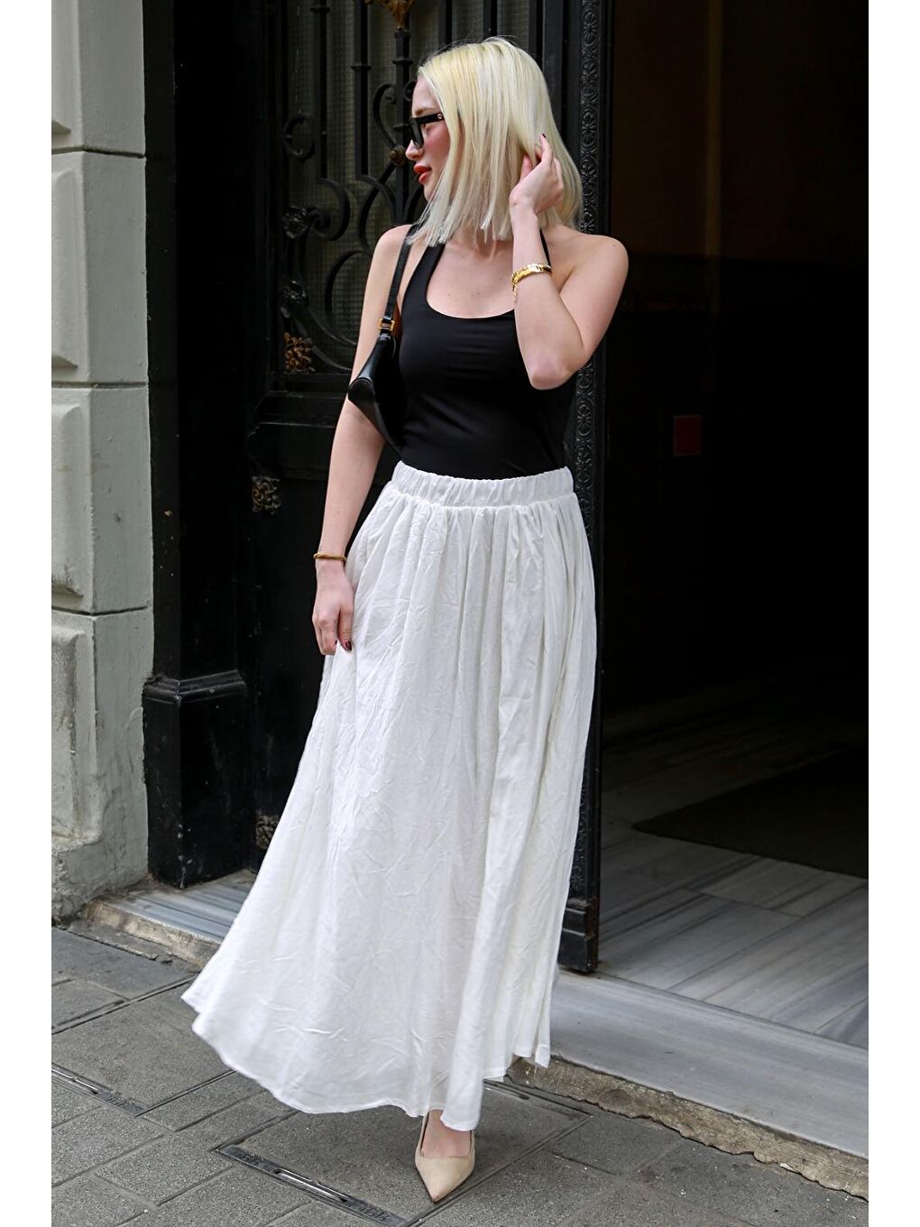 Beyaz Vual Kumaş Basic Kadın Uzun Boy Kadın Etek Mg2366-1