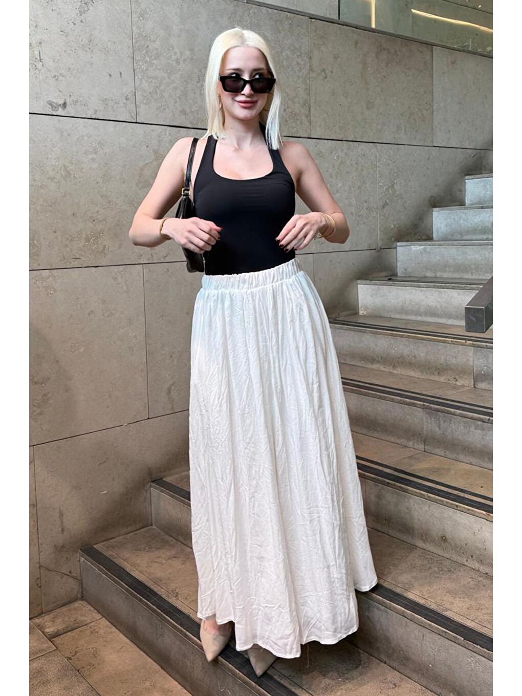 Beyaz Vual Kumaş Basic Kadın Uzun Boy Kadın Etek Mg2366-2