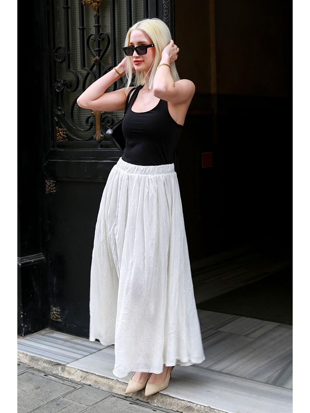 Beyaz Vual Kumaş Basic Kadın Uzun Boy Kadın Etek Mg2366-5