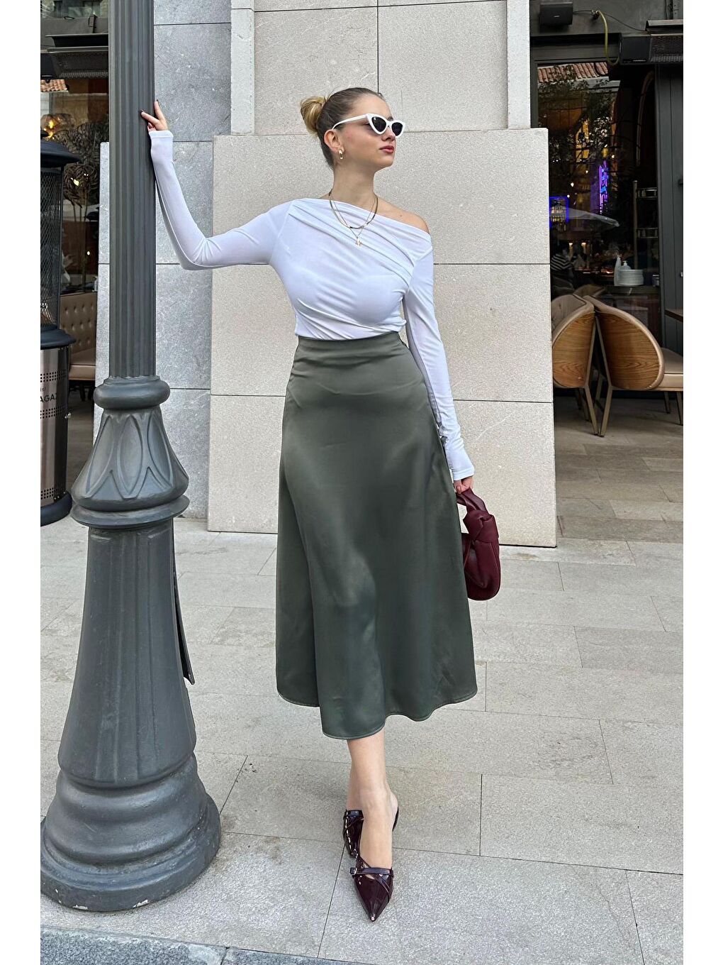 Haki Midi Boy Kadın Saten Etek Mg1409-1