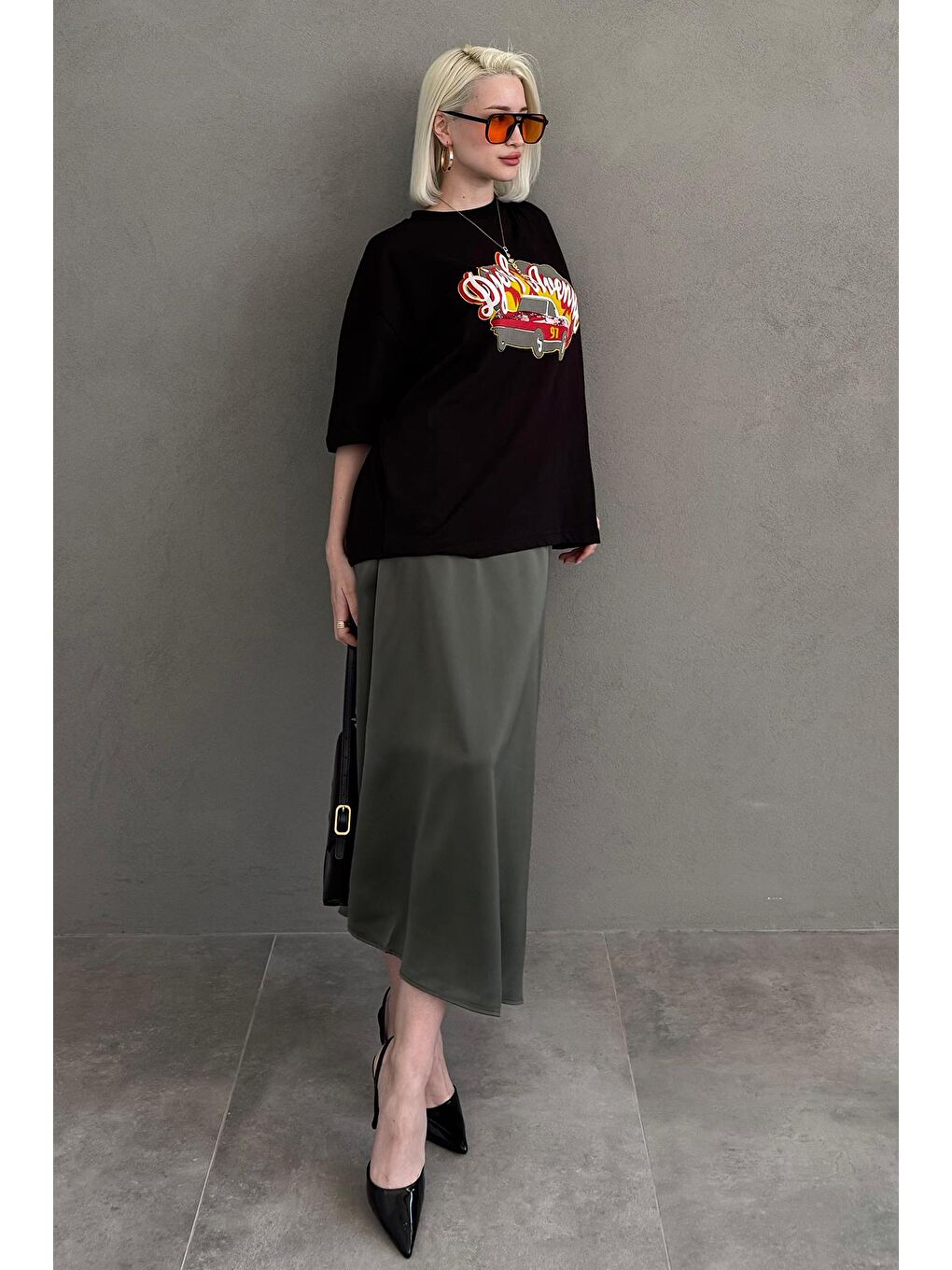 Haki Midi Boy Kadın Saten Etek Mg1409-3