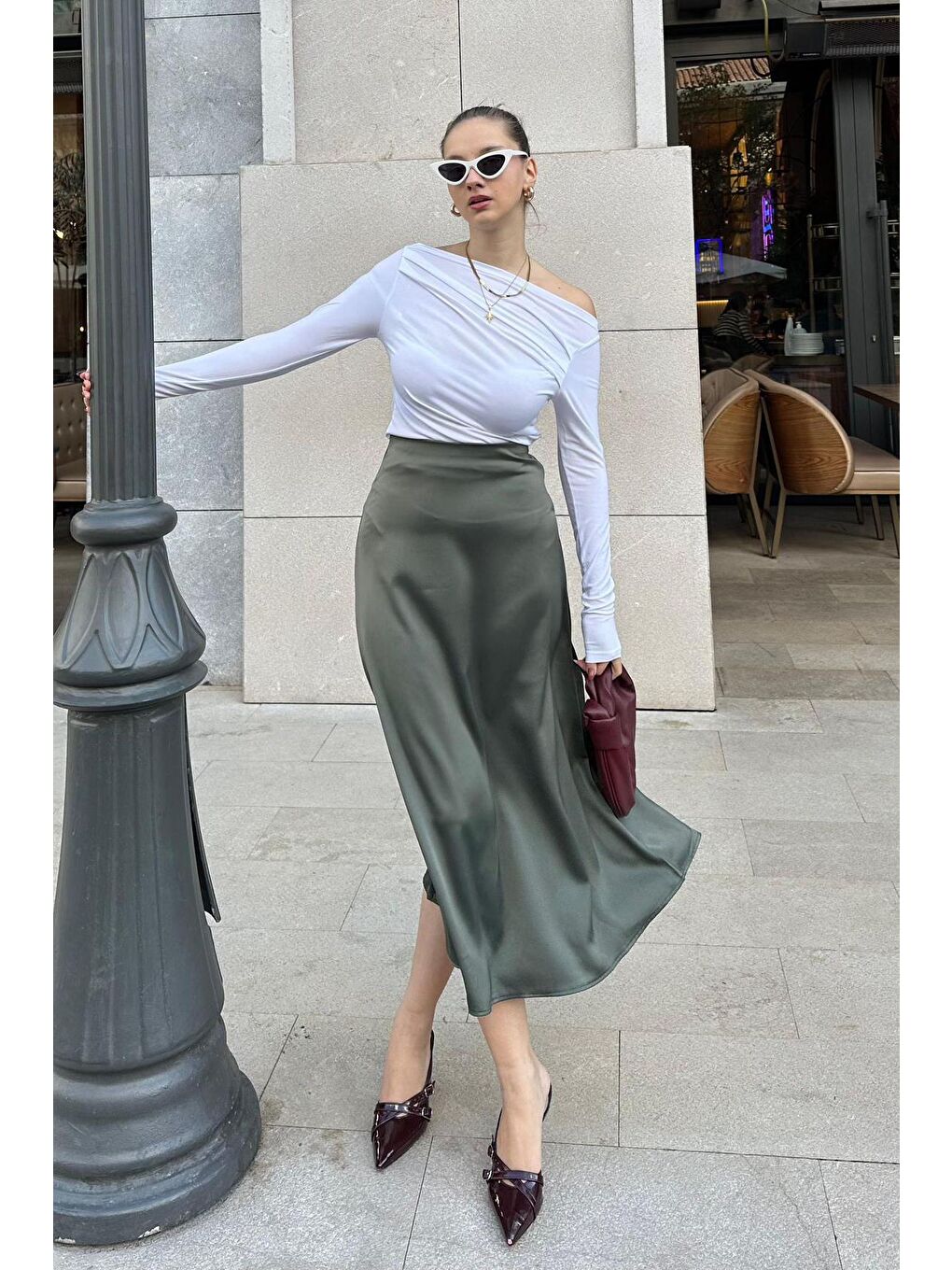 Haki Midi Boy Kadın Saten Etek Mg1409-4