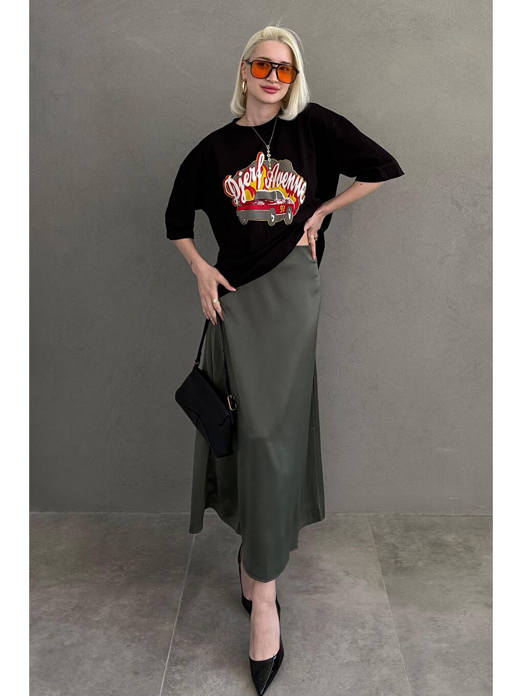 Haki Midi Boy Kadın Saten Etek Mg1409-5