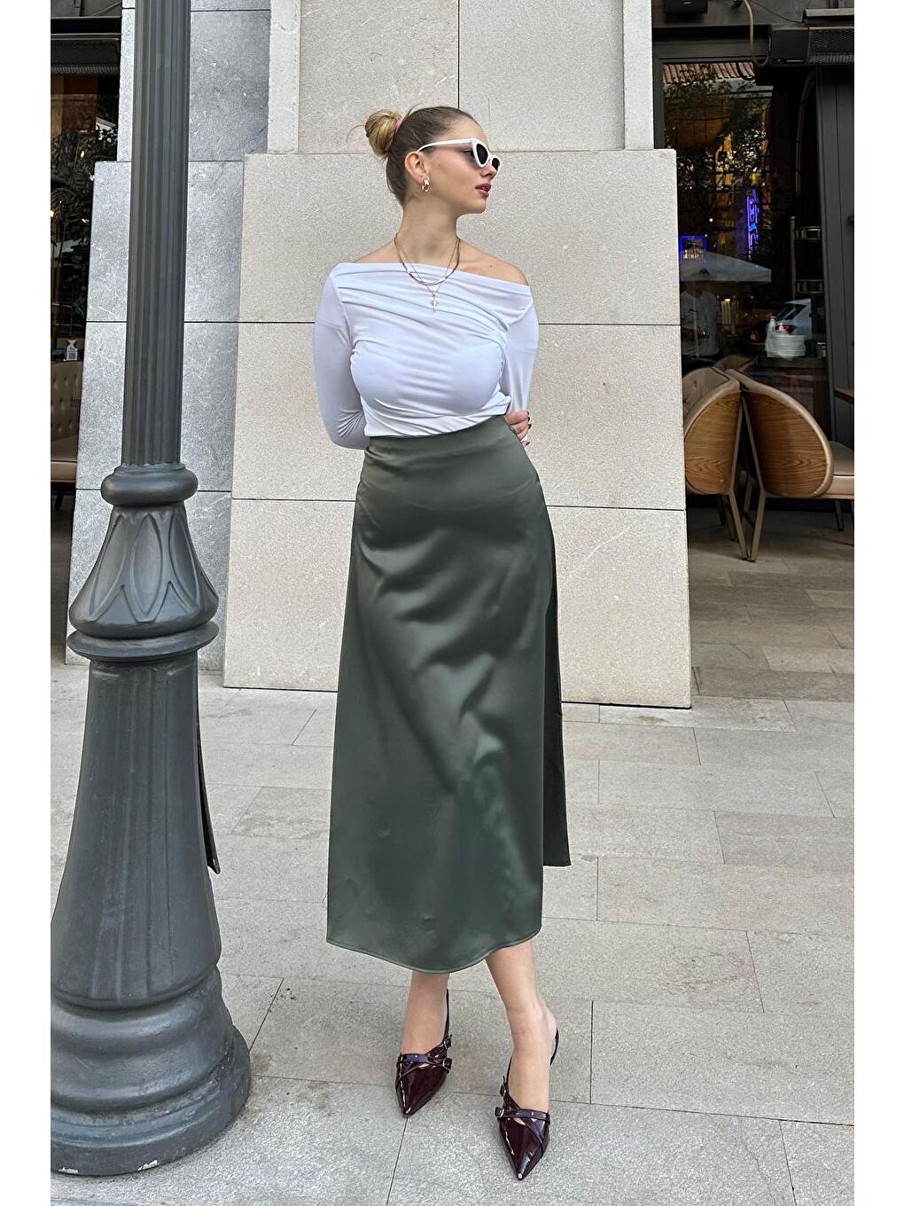 Haki Midi Boy Kadın Saten Etek Mg1409-6