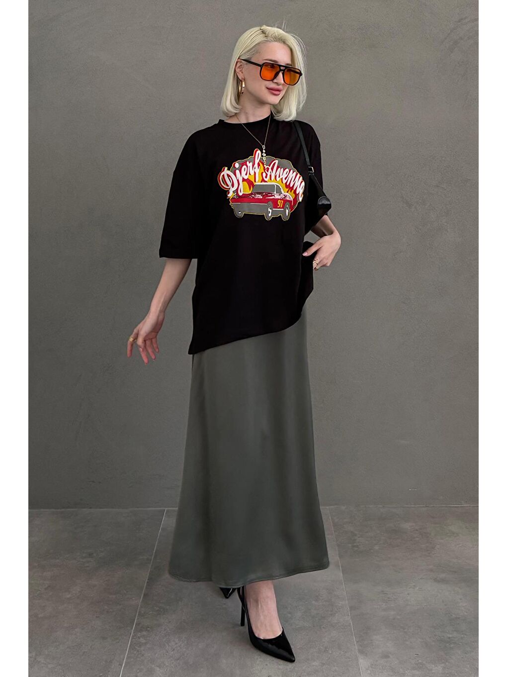 Haki Midi Boy Kadın Saten Etek Mg1409-7