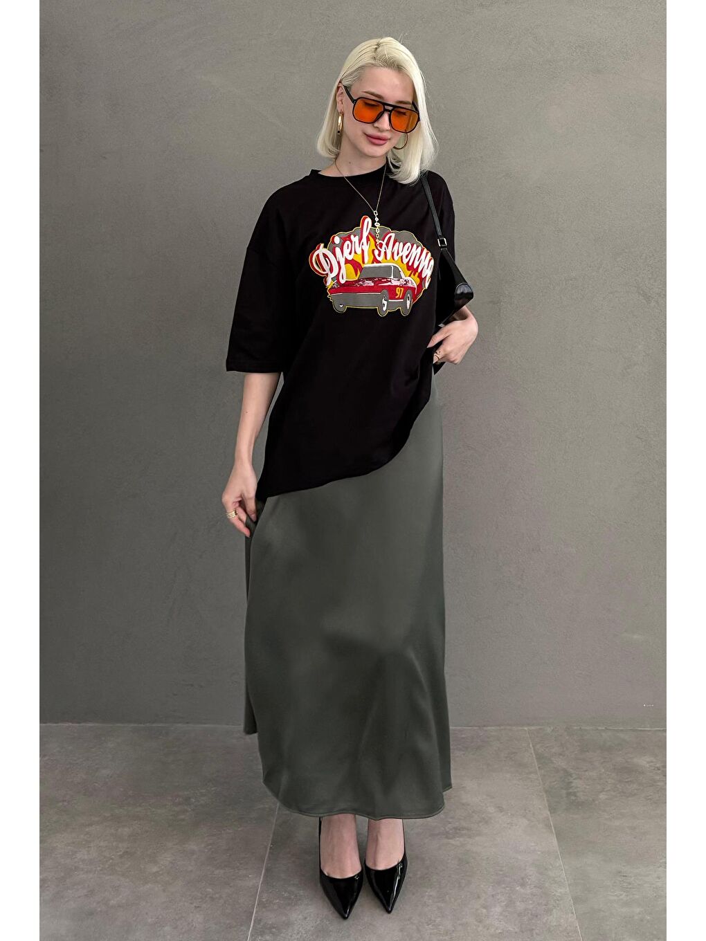 Haki Midi Boy Kadın Saten Etek Mg1409-8