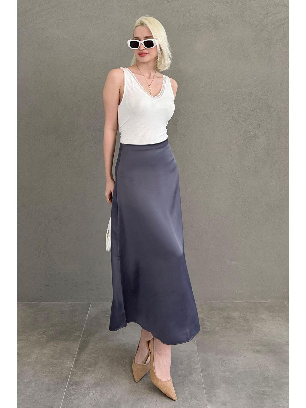 Antrasit Midi Boy Kadın Saten Etek Mg1409