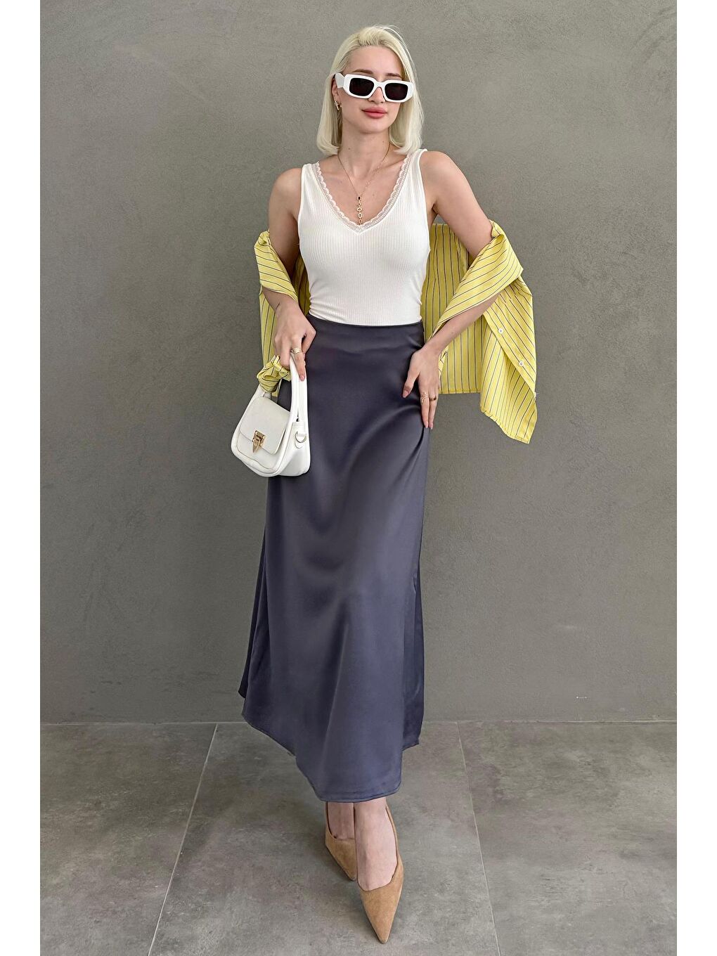 Antrasit Midi Boy Kadın Saten Etek Mg1409-1