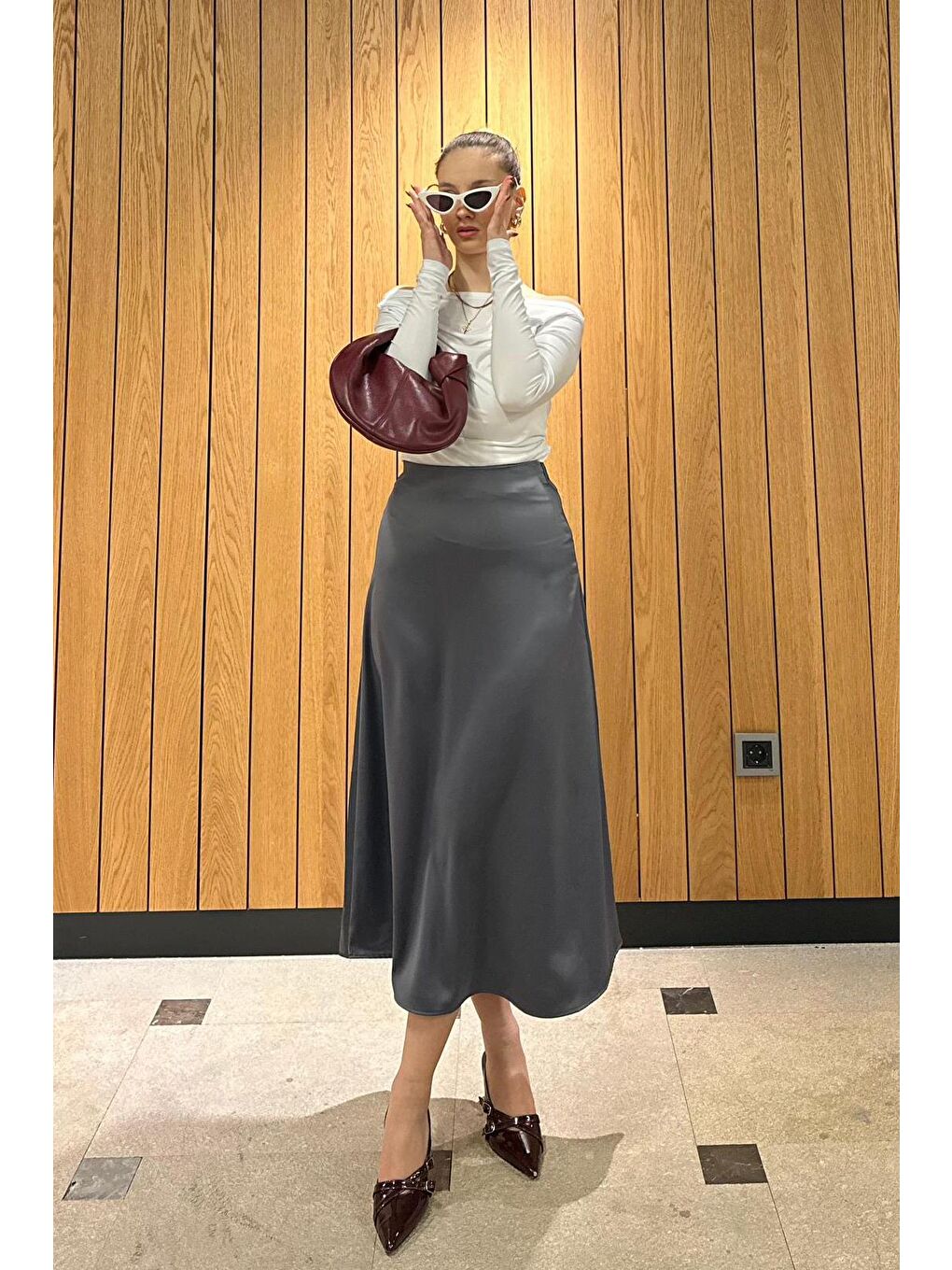 Antrasit Midi Boy Kadın Saten Etek Mg1409-3