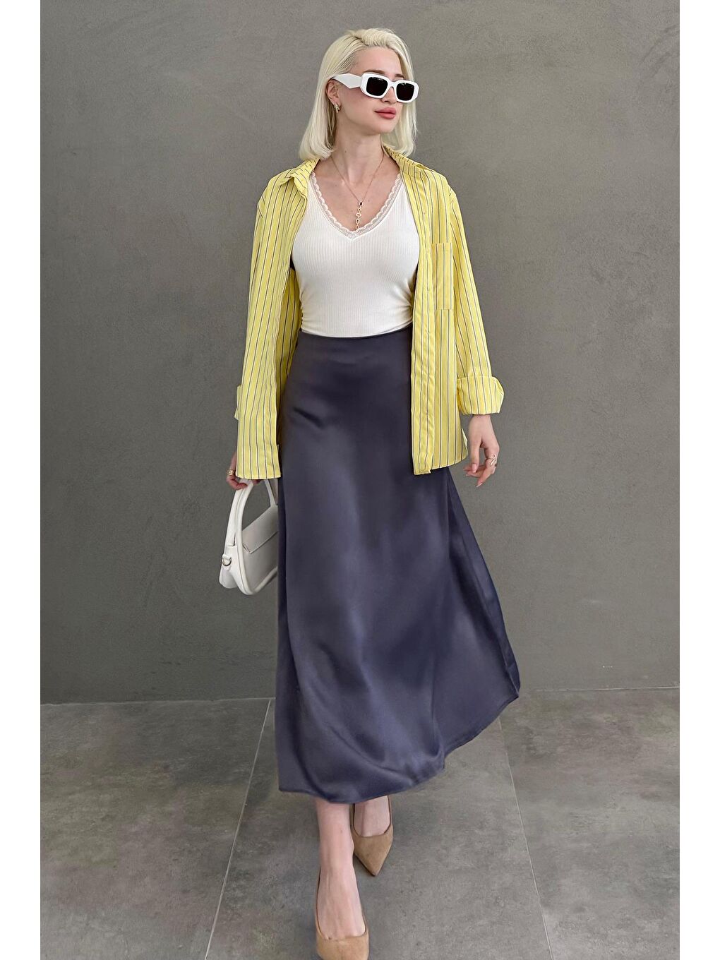 Antrasit Midi Boy Kadın Saten Etek Mg1409-4