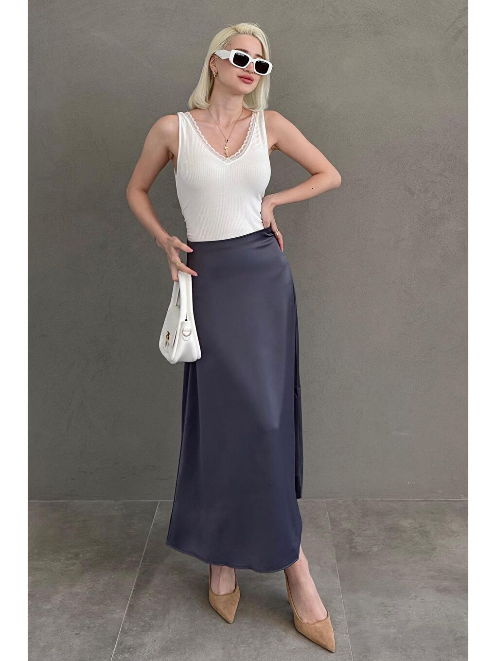 Antrasit Midi Boy Kadın Saten Etek Mg1409-5