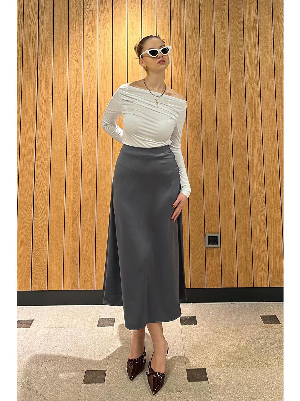 Antrasit Midi Boy Kadın Saten Etek Mg1409-6